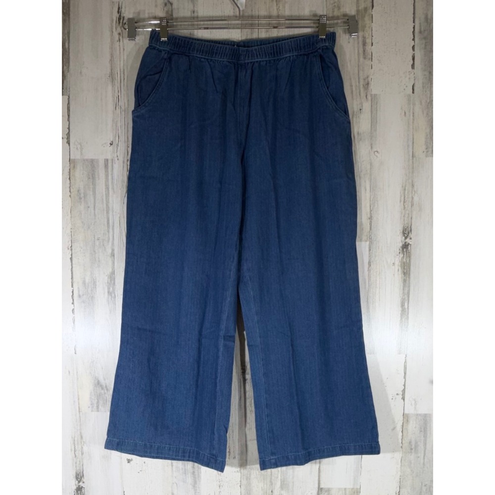 Woman Within Denim Pants 14W Blue Pull On Elastic Waist Wide Leg Cotton READ‎